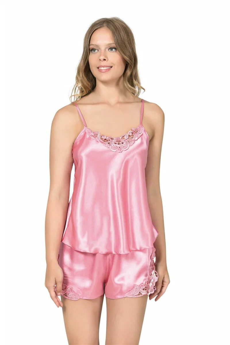 Koyu Pembe saten Babydoll Şort Takım