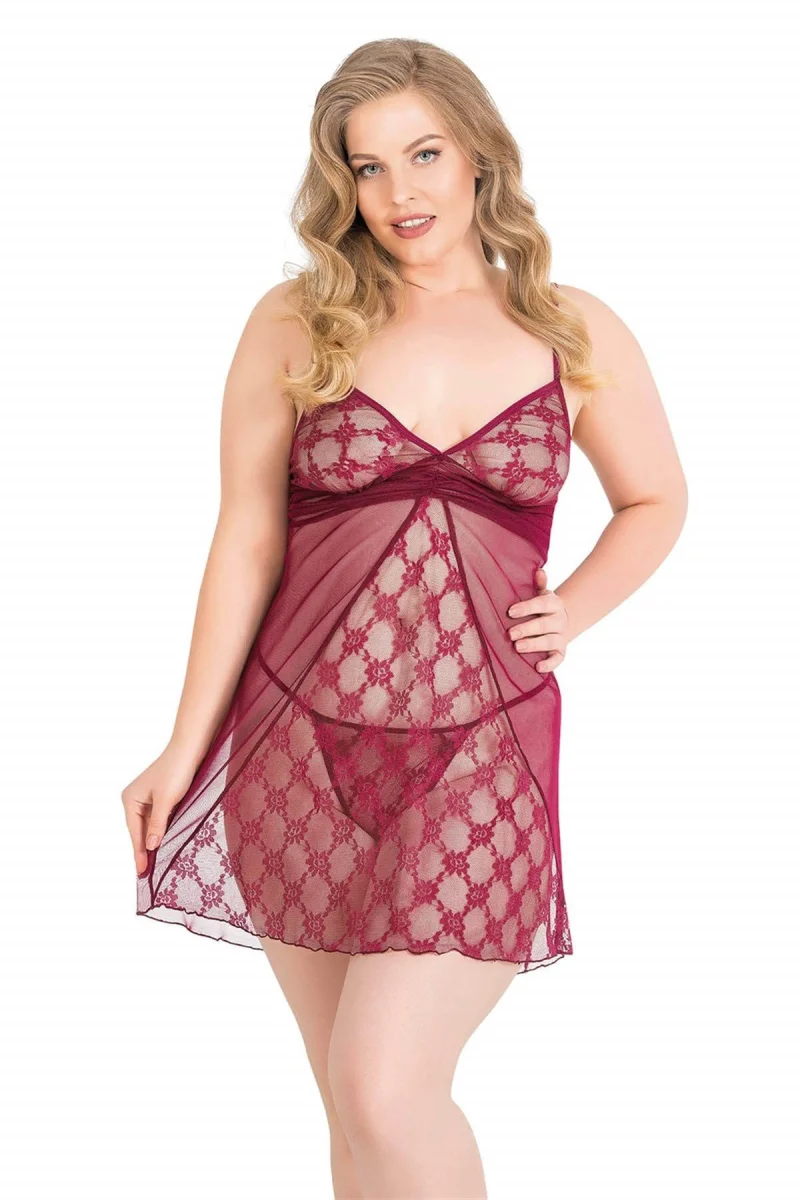 Büyük Beden Bordo Kısa Tül Gecelik