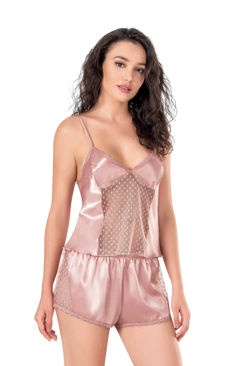Koyu Pudra Saten Babydoll Şort Takımı