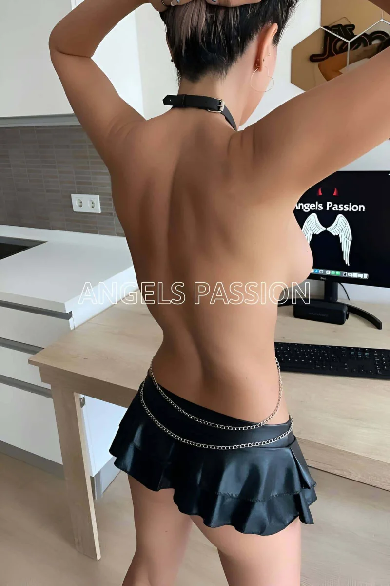 Siyah Deri Boyun Bel Zincirli Harness - Brf2