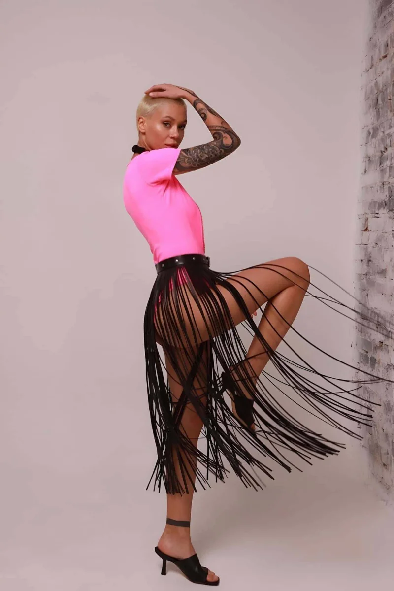 Deri Püsküllü Etek, İnce Püsküllü Boy Etek, Şık Deri Etek Harness - Brf1088