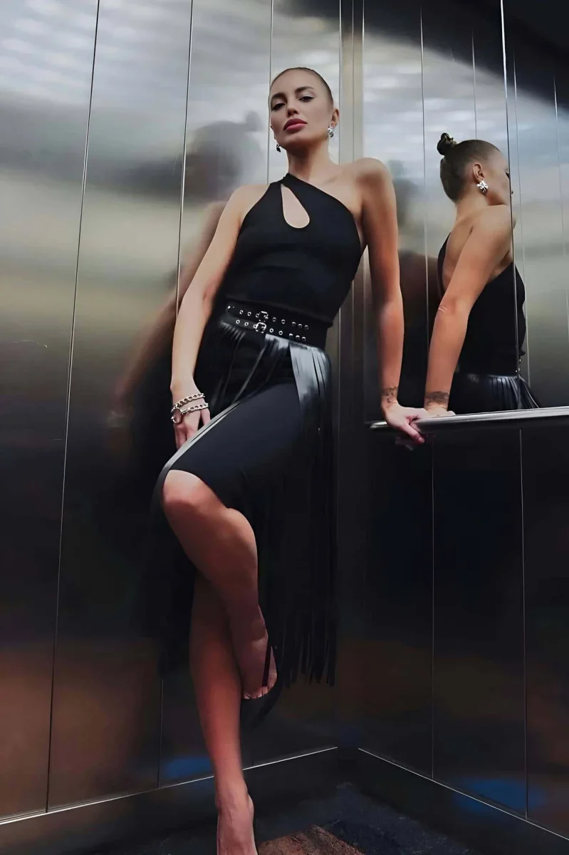 Püsküllü Deri Etek, Şık Deri Etek, Uzun Deri Etek, Siyah Deri Etek - Brf637