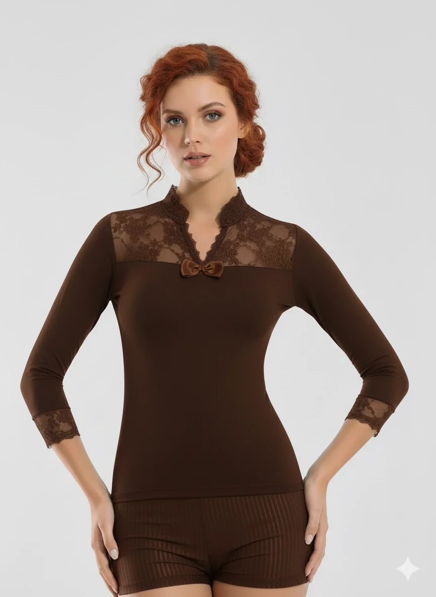 Geniş Dantelli Patlı Uzun Kollu Elestan Bluz  2176