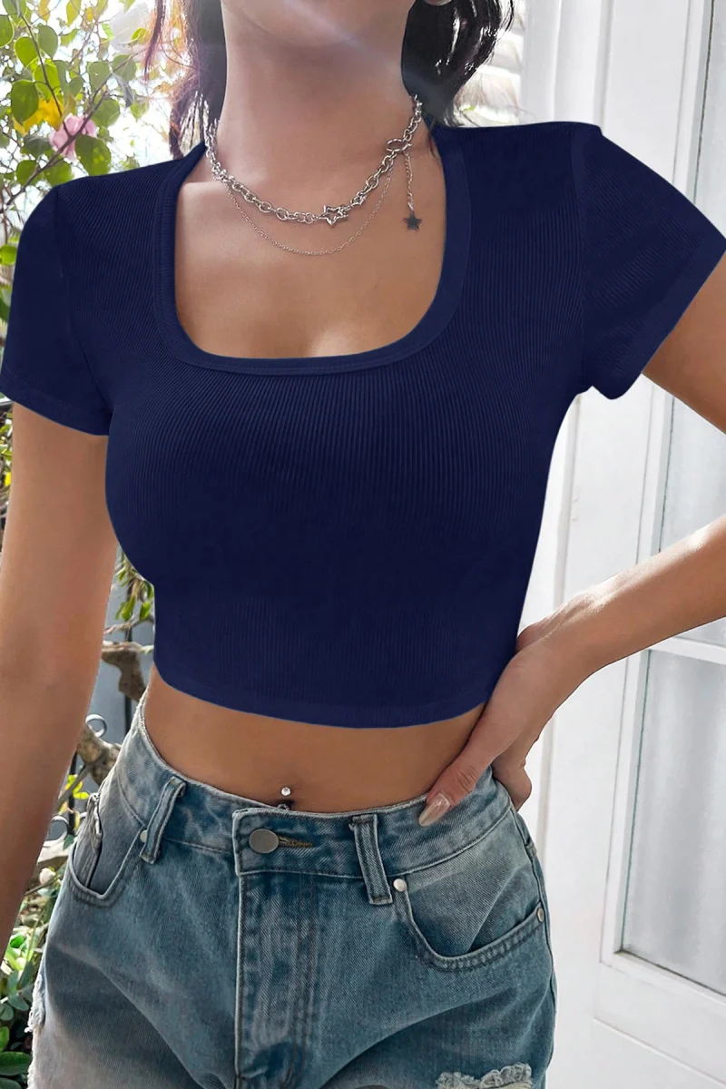 Kadın Lacivert Yarım Kol Düz Yaka Crop Top Bluz