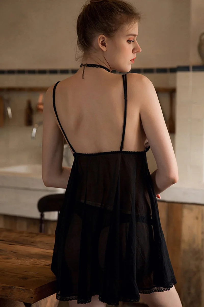 Kadın Siyah Transparan Dantelli Çift Sıra Askılı Şık Gecelik