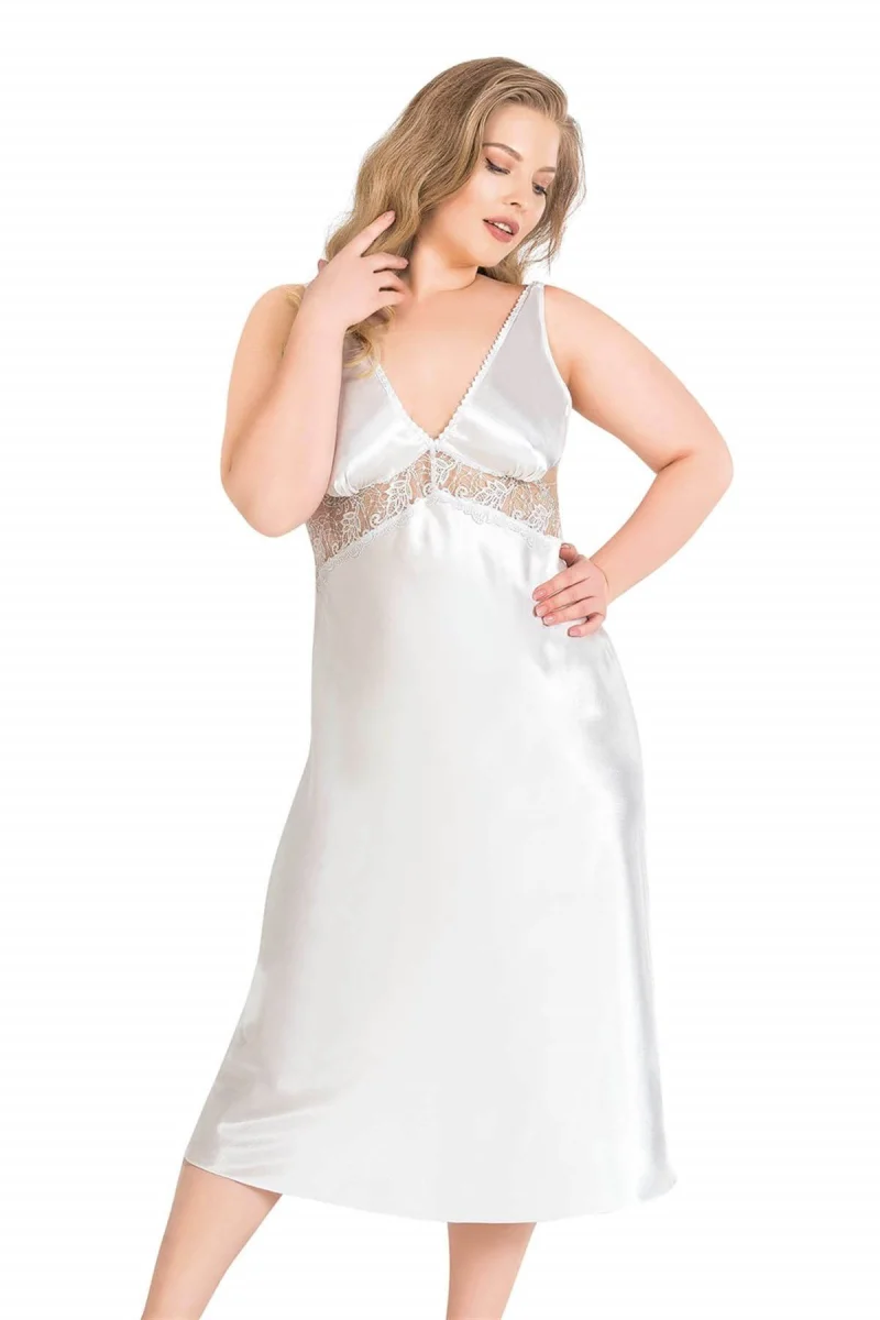 Büyük Beden Ekru Uzun İkili Saten Sabahlık Gecelik Takımı