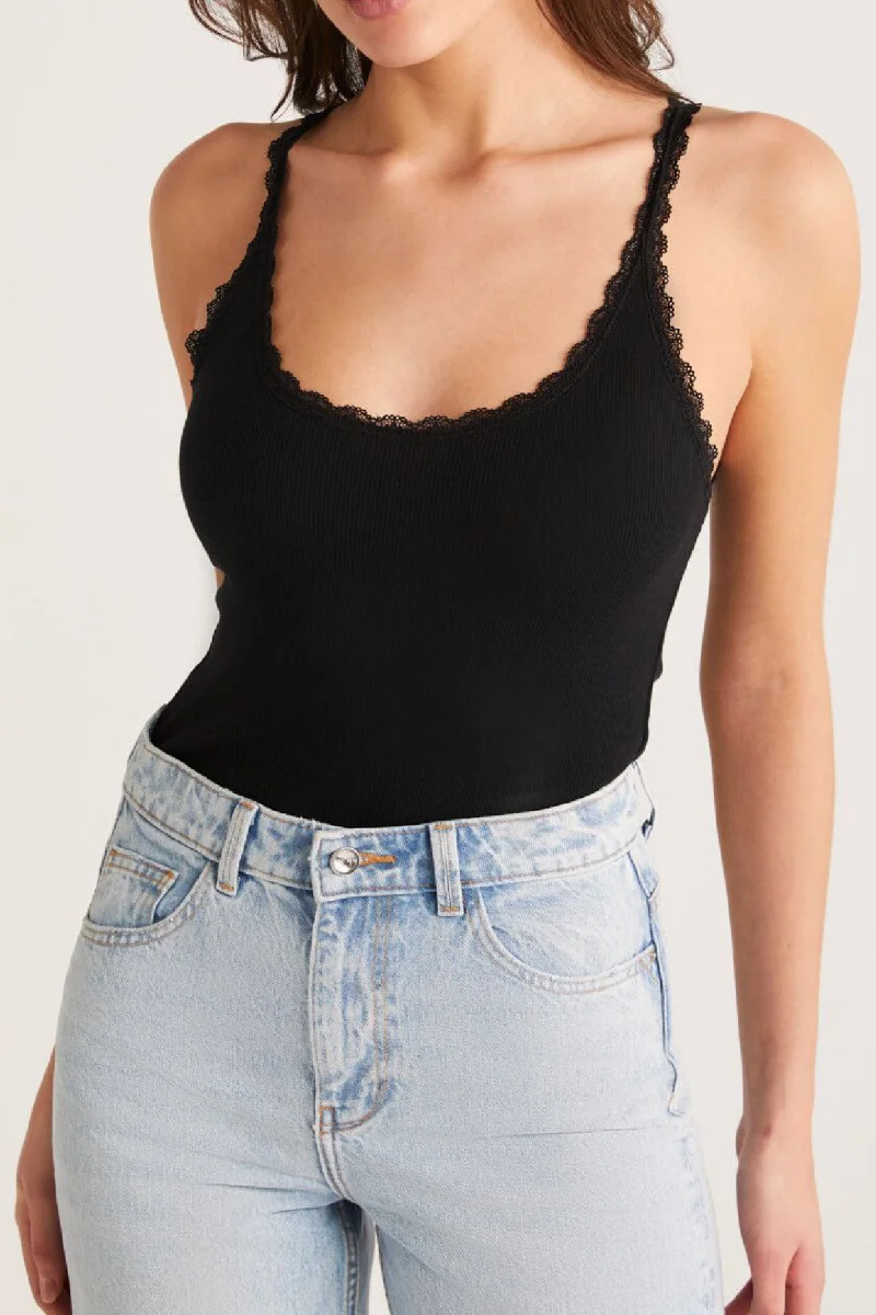 Kadın Siyah Normal Kalıp Dantel Detalı Ince Askılı Oyuk Yaka Atlet