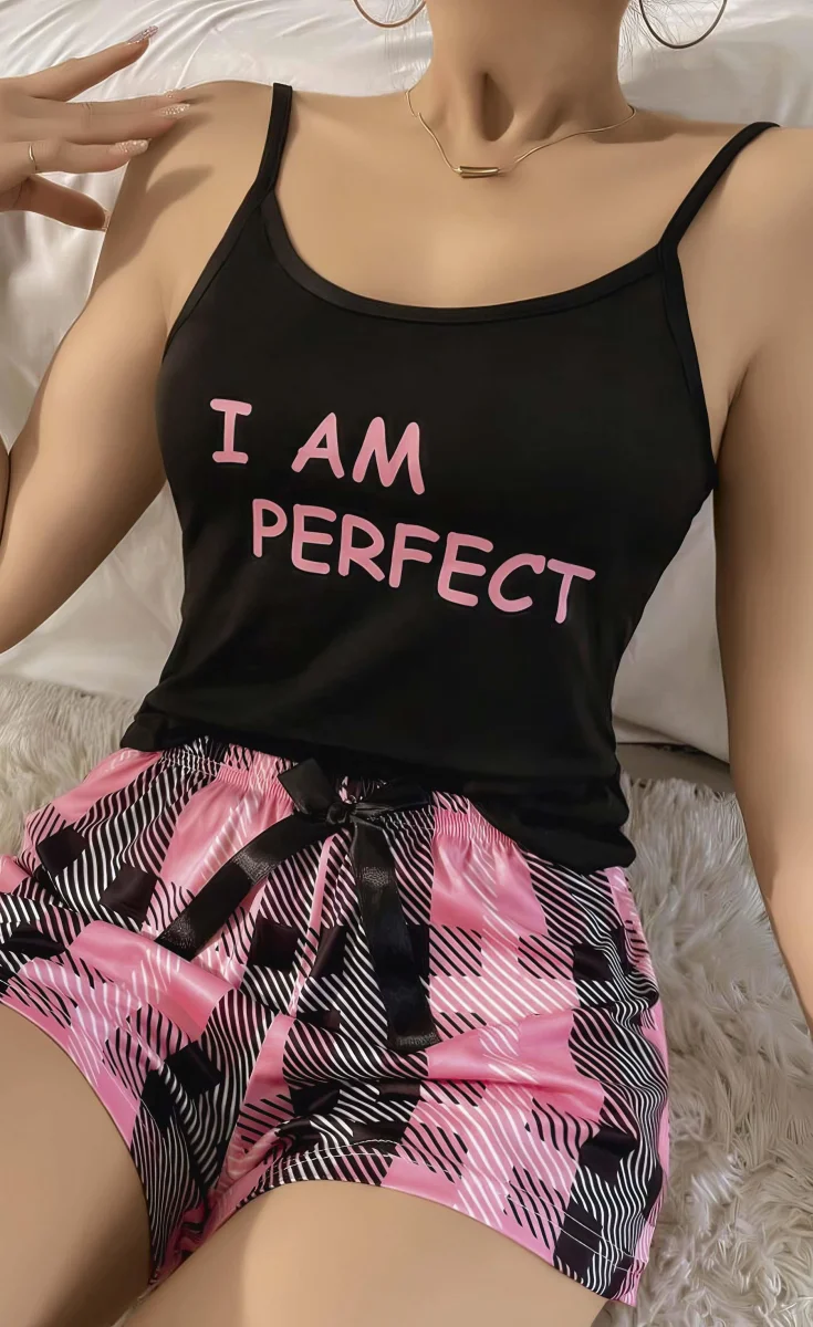 Kadın Siyah Kare Desenli Askılı Şortlu Pijama Takım 6652