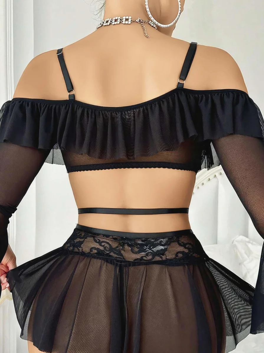 Kadın Siyah Etek Bustiyer Sexy Gecelik Takım 3831