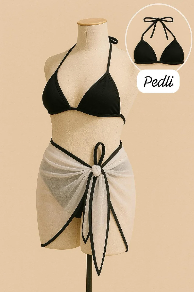 Kadın Siyah Beyaz Pareolu Yandan Ve Boyundan Bağlamalı 3'lü Bikini Takımı