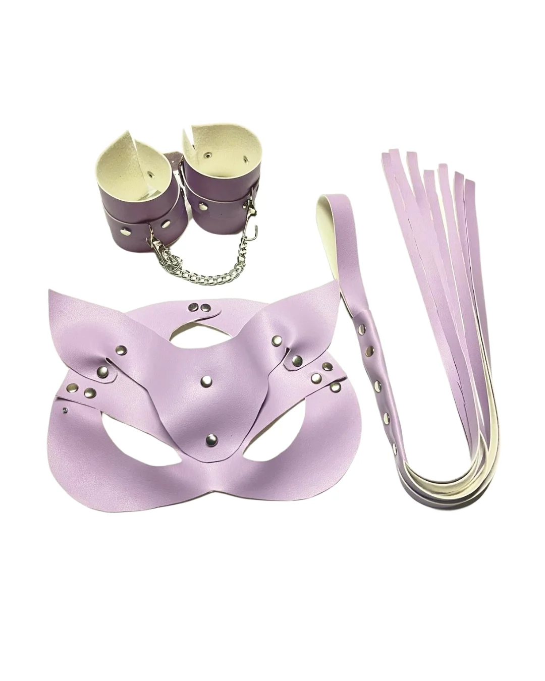 Fantezi Deri Seksi Lila Kedi Maske Kelepçe Kırbaç Seti ( 3’lü Set)