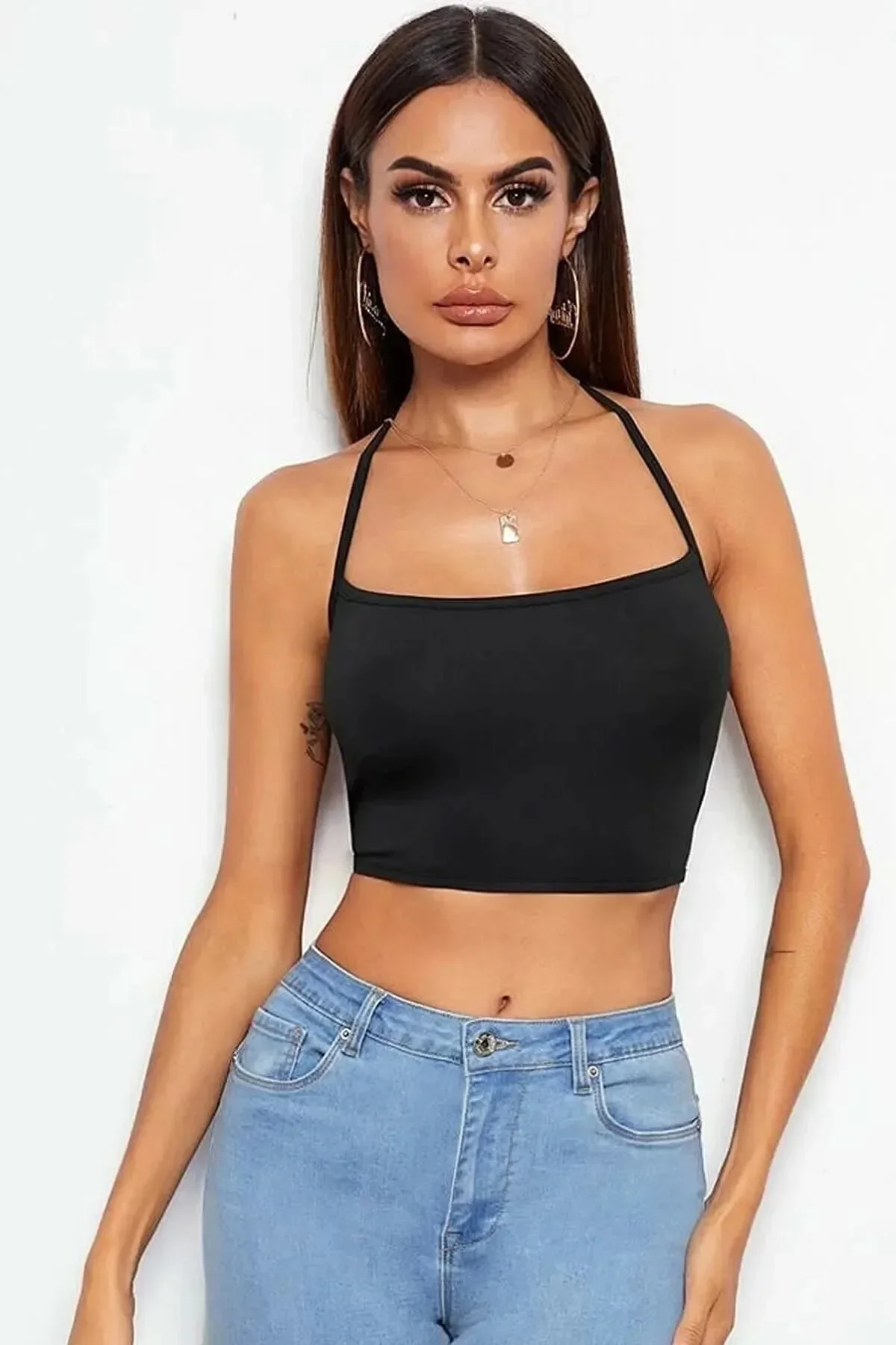 Kadın Sırtı Açık Siyah Belden Bağlamalı Crop Büstiyer