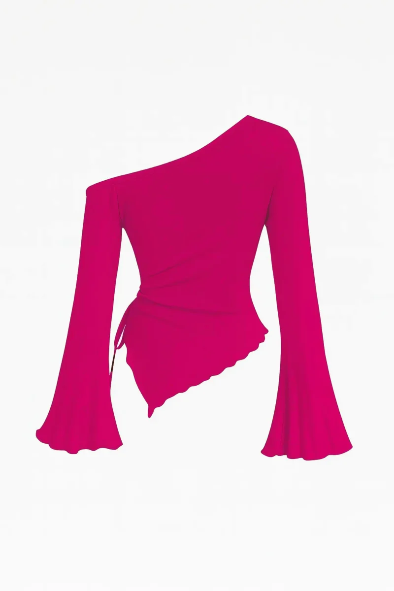 Kadın Fuşya Uzun İspanyol Kollu Asimetirik Yaka Yandan Bağlamalı Drapeli Bluz