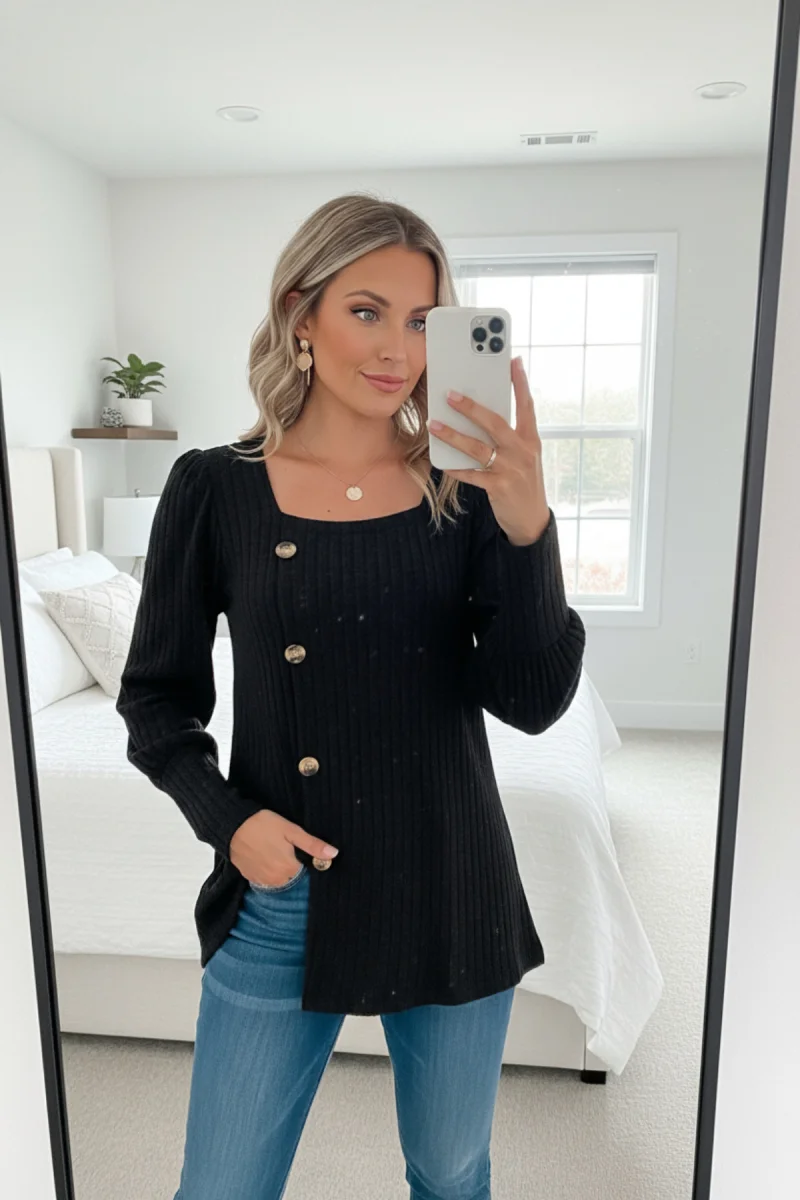 Kadın Uzun Kollu Düğmeli Mevsimlik Bluz – Yumuşak Dokulu, Esnek Ve Sıcak Tutan Kumaş