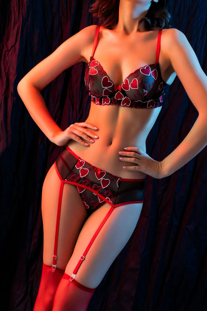 Kırmızı Dantel Jartiyerli 4’lü Fantazi İç Giyim Takımı,transparan Ayarlanabilir Askılı,kadın İçgiyim