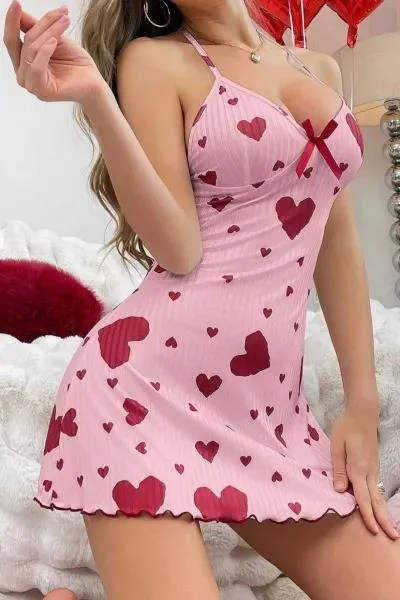 Kadın Pembe Kırmızı Kalp Desenli Askılı Sırt Dekolteli Elbise 5064