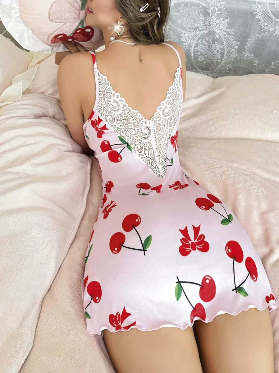 Kadın Kiraz  Desenli Dantel Detaylı  Askılı  Elbise 5067