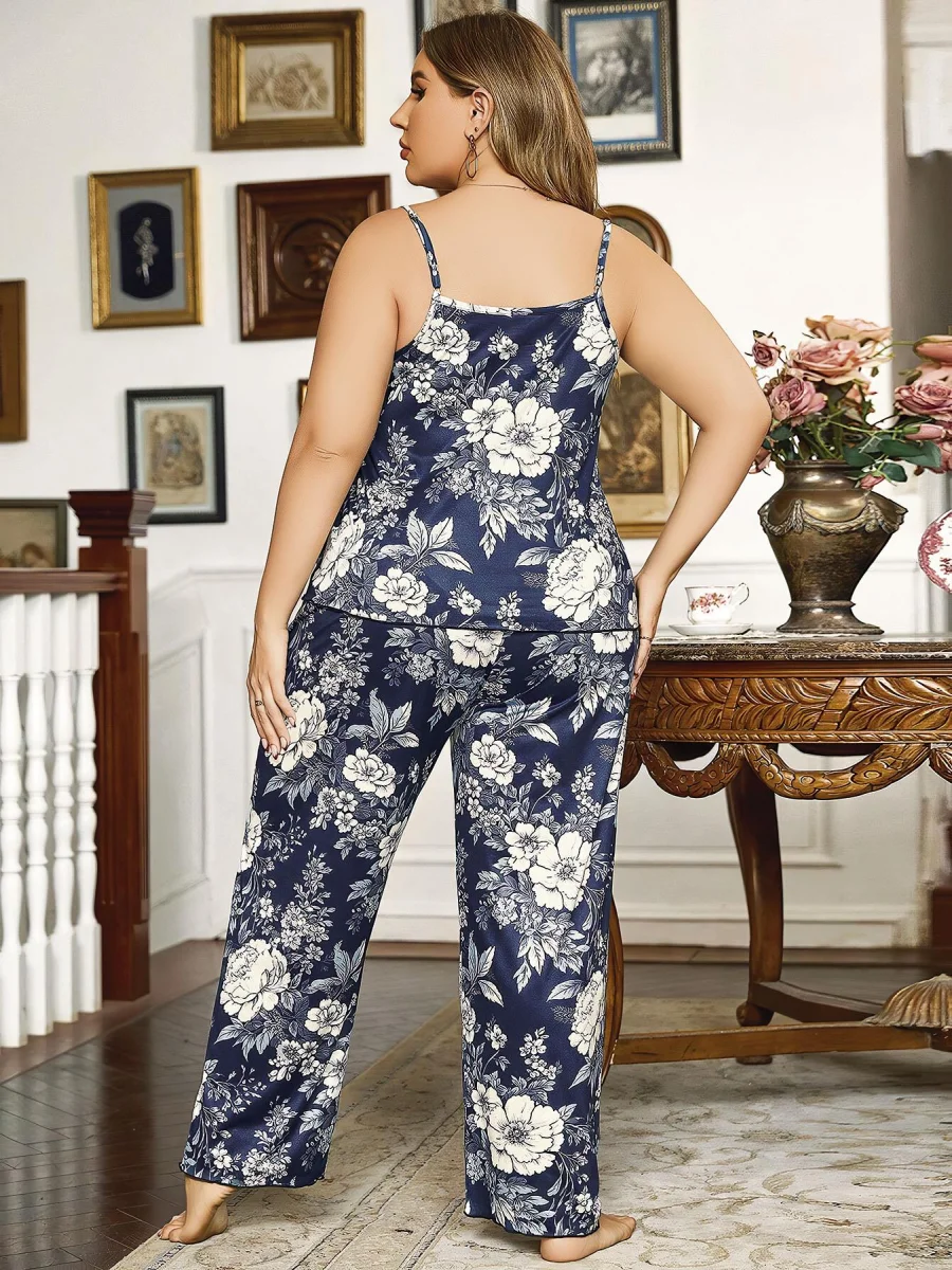 Büyük Beden Çiçek Desenli İnce Askılı Lacivert 2'li Takım