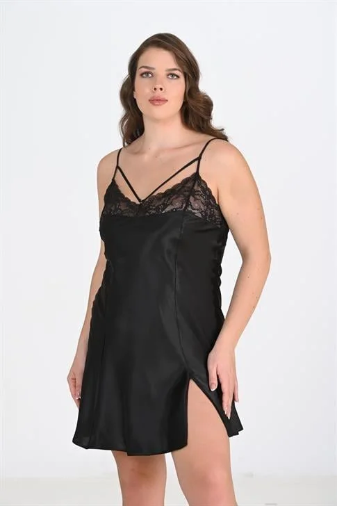 Premium Büyük Beden Saten Dantel İşlemeli Siyah Gecelik Bigsize