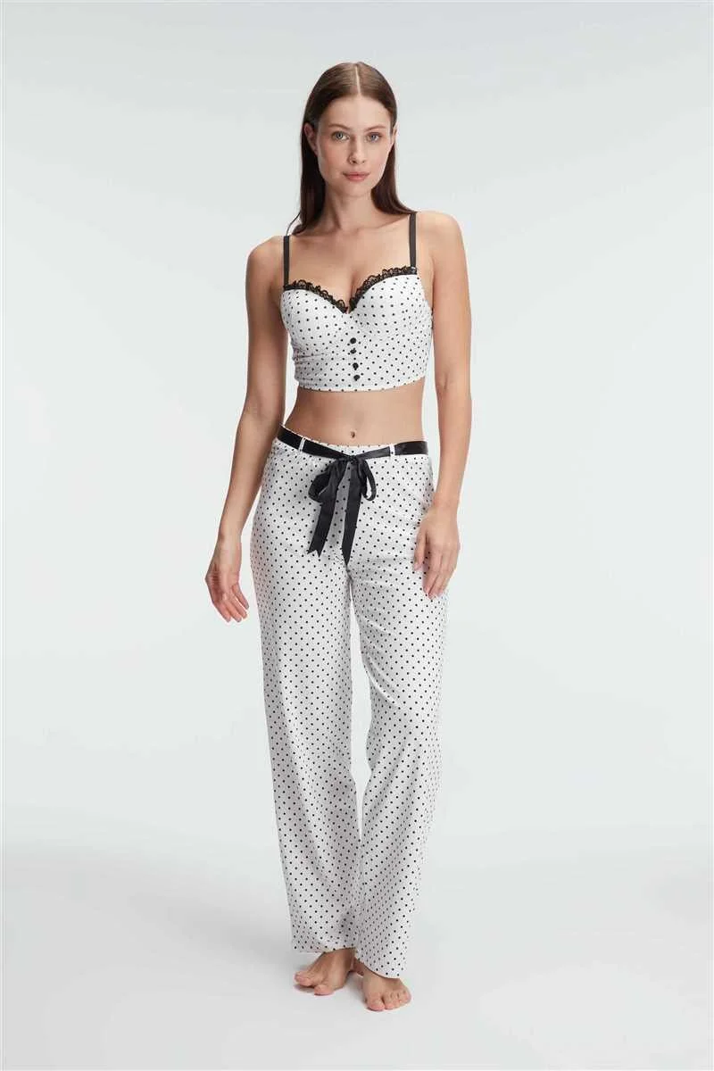 Fantezi Bralet Sütyen Pamuklu Puantiye Desenli Desteksiz Dantel Detaylı Pijama Takımı