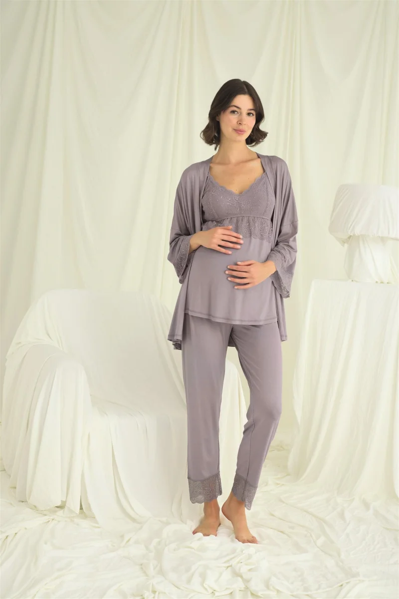 Dantelli Hamile Lohusa 3lü Pijama Takımı