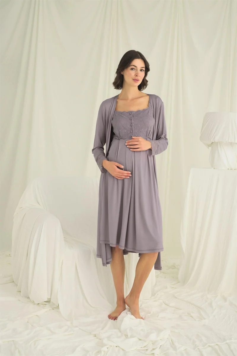 Dantelli Önü Düğmeli Hamile Lohusa Sabahlık Takımı