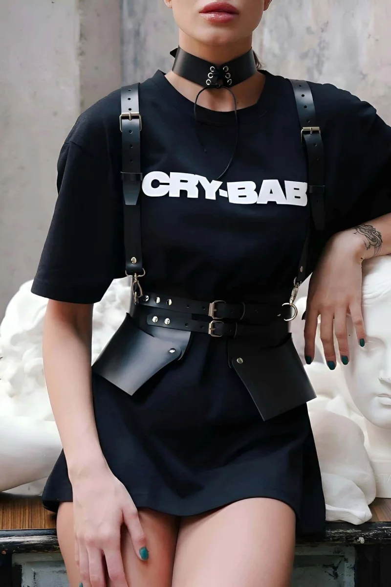 Elbise Ve T-shirt Üzeri Deri Şık Kemer Ve Choker Takım - Brf622