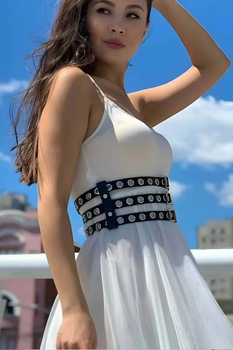 Elbise Üzeri Üçlü İnce Şerit Ayarlanabilir Şık Deri Bel Korse Kemer - Brf641