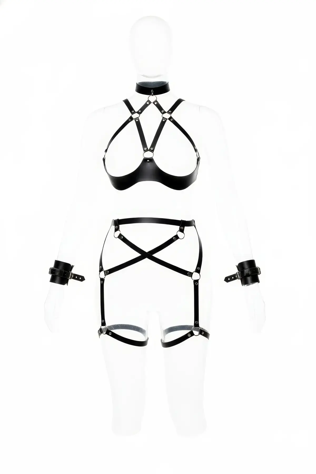 Siyah Harness Takım Deri Jartiyerli Boyunluk Detaylı - Brf1189