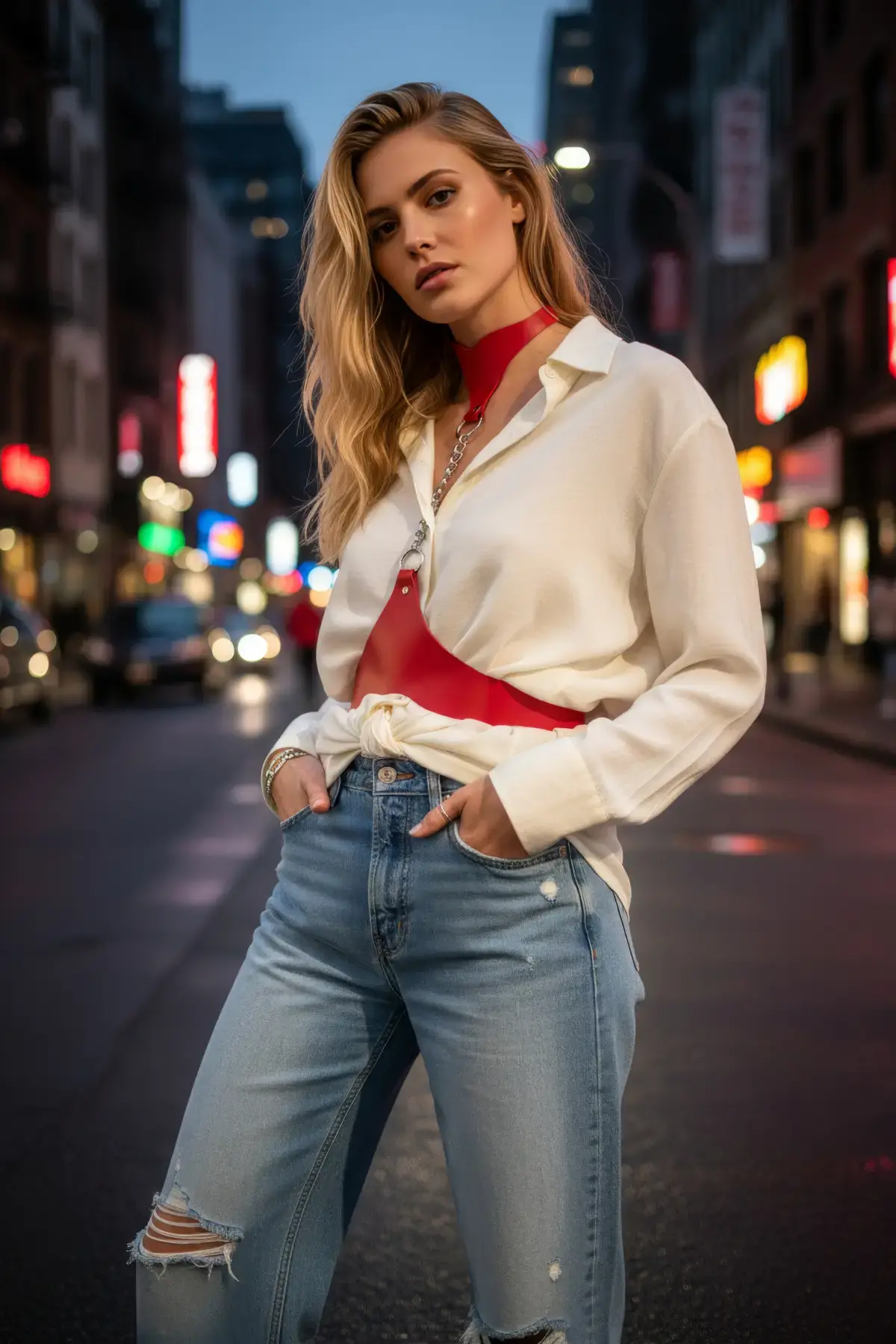 Kırmızı Kadın Kemer Deri Boyunluklu Zincir Detaylı - Brf1265