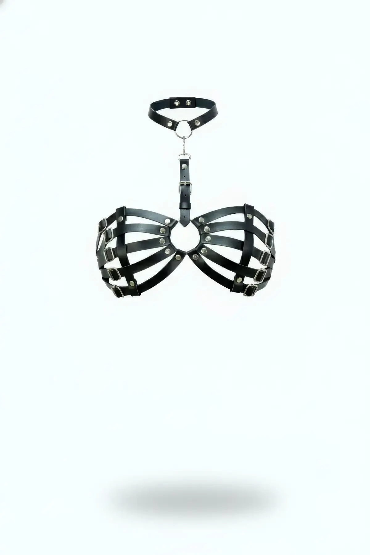 Siyah Göğüs Harness Yaka Detaylı Kafes Yapılı Deri - Brf1408