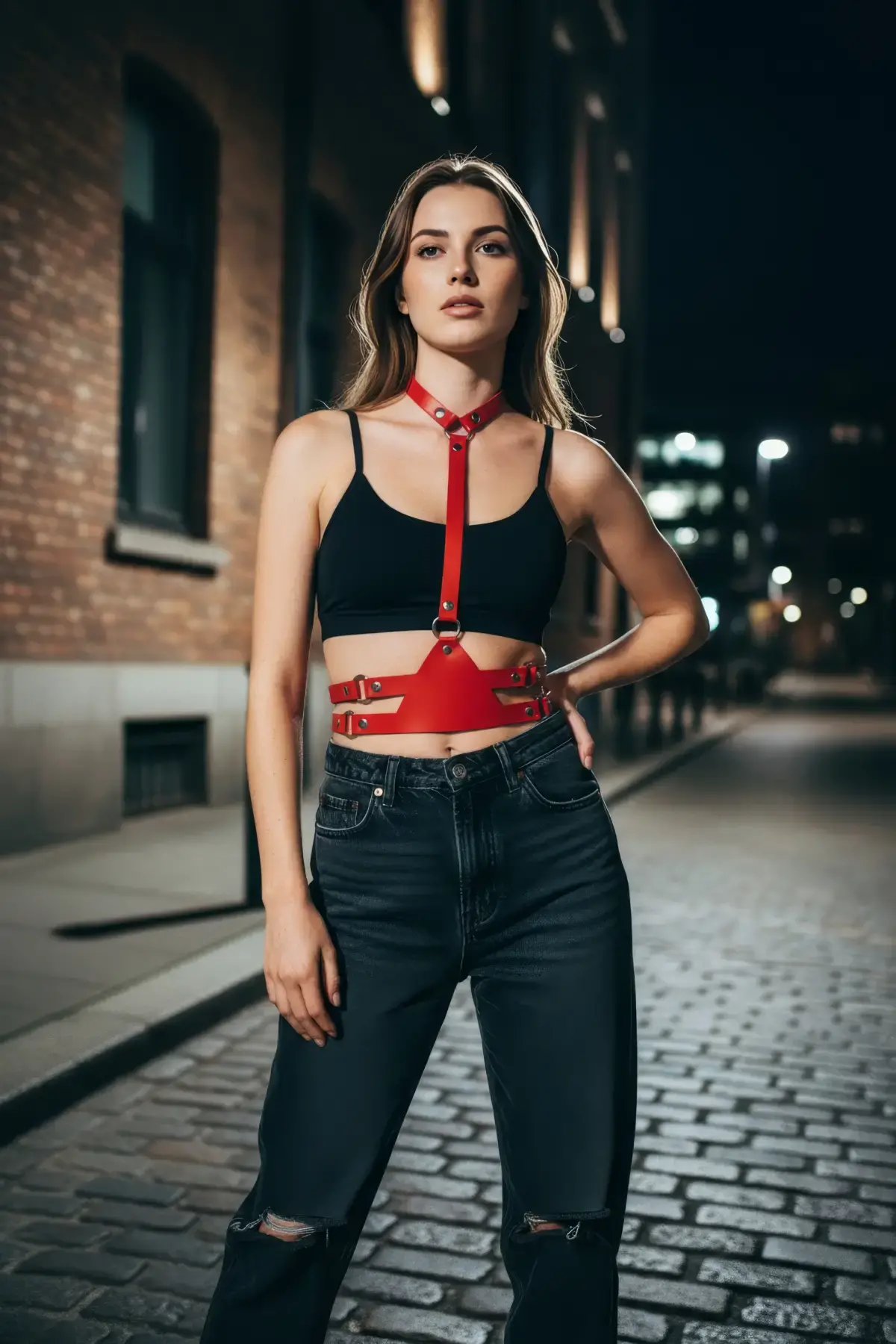 Kırmızı Kadın Kemer Deri Çoklu Tokalı Gövde Aksesuarı - Brf17