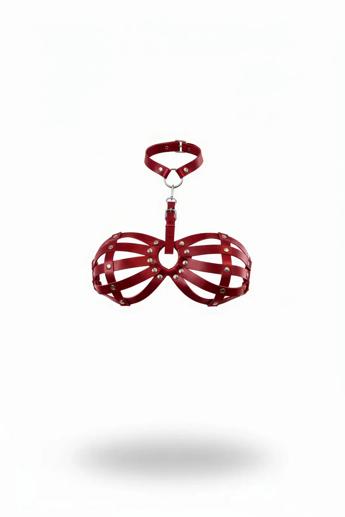 Kırmızı Göğüs Harness Deri Kafesli Zımba Detaylı Boyunluk - Brf224