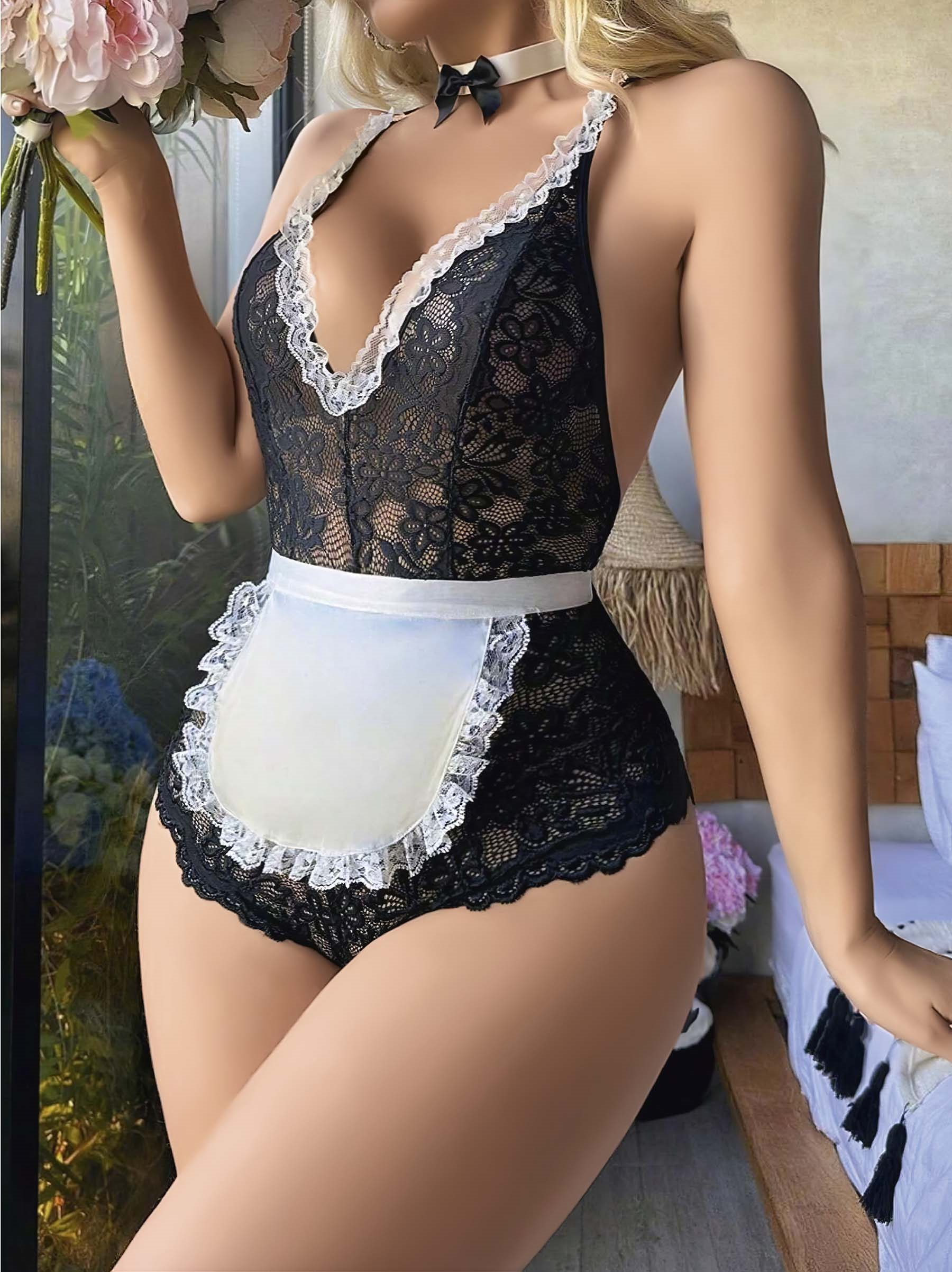 Siyah Dantel İşlemeli Kurdelalı Fransız Hizmetçi Kostümü