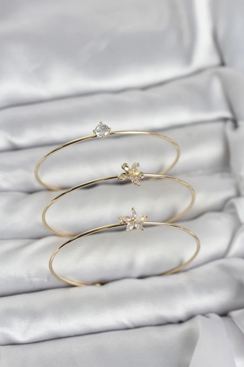 Gold Renk Zirkon Taşlı Pirinç 3'lü Kadın Bileklik Kombini