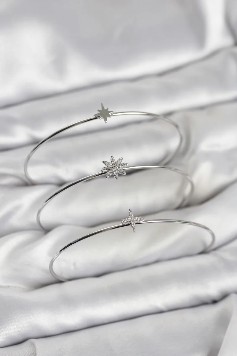 Zirkon Taşlı Kutup Yıldızı Model Gümüş Renk 3'lü Kadın Bileklik Kombini