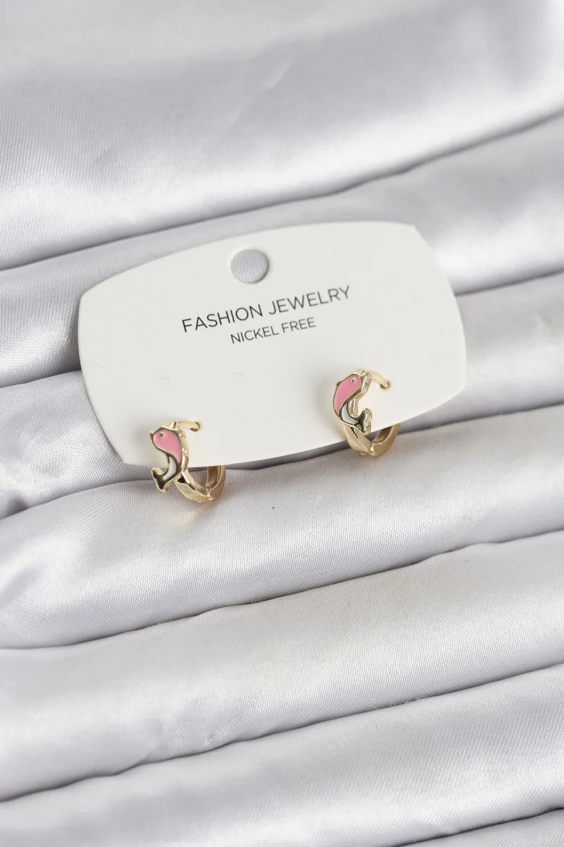 Pembe Yunus Balığı Model Gold Renk Pirinç Çocuk Küpe