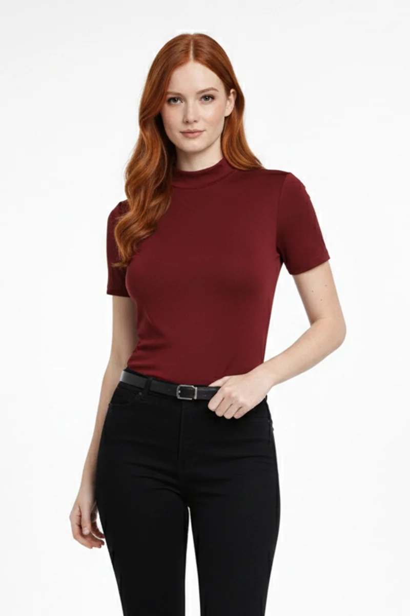 Kadın Bordo Viskon  Yarım Balıkçı Yaka Kısa Kollu Kompakt Slim Fit Likralı Basic Günlük Body Bluz