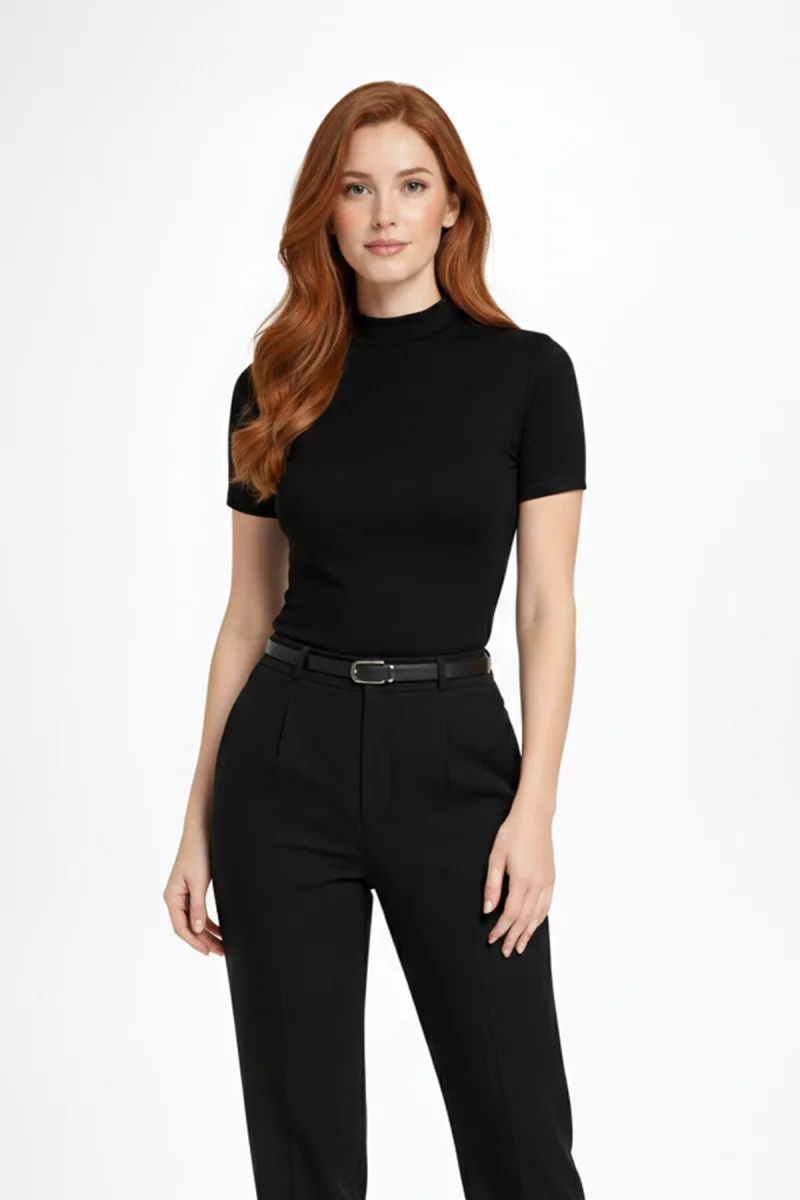 Kadın Siyah Viskon  Yarım Balıkçı Yaka Kısa Kollu Kompakt Slim Fit Likralı Basic Günlük Body Bluz