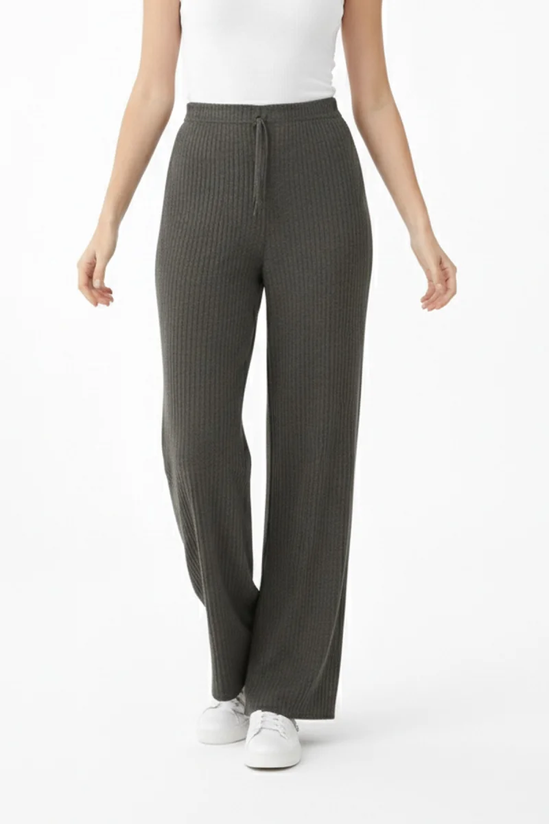 Kadın Haki Yüksek Bel Fitilli Örme Bağcıklı Esnek Likralı Geniş Paça Pantolon