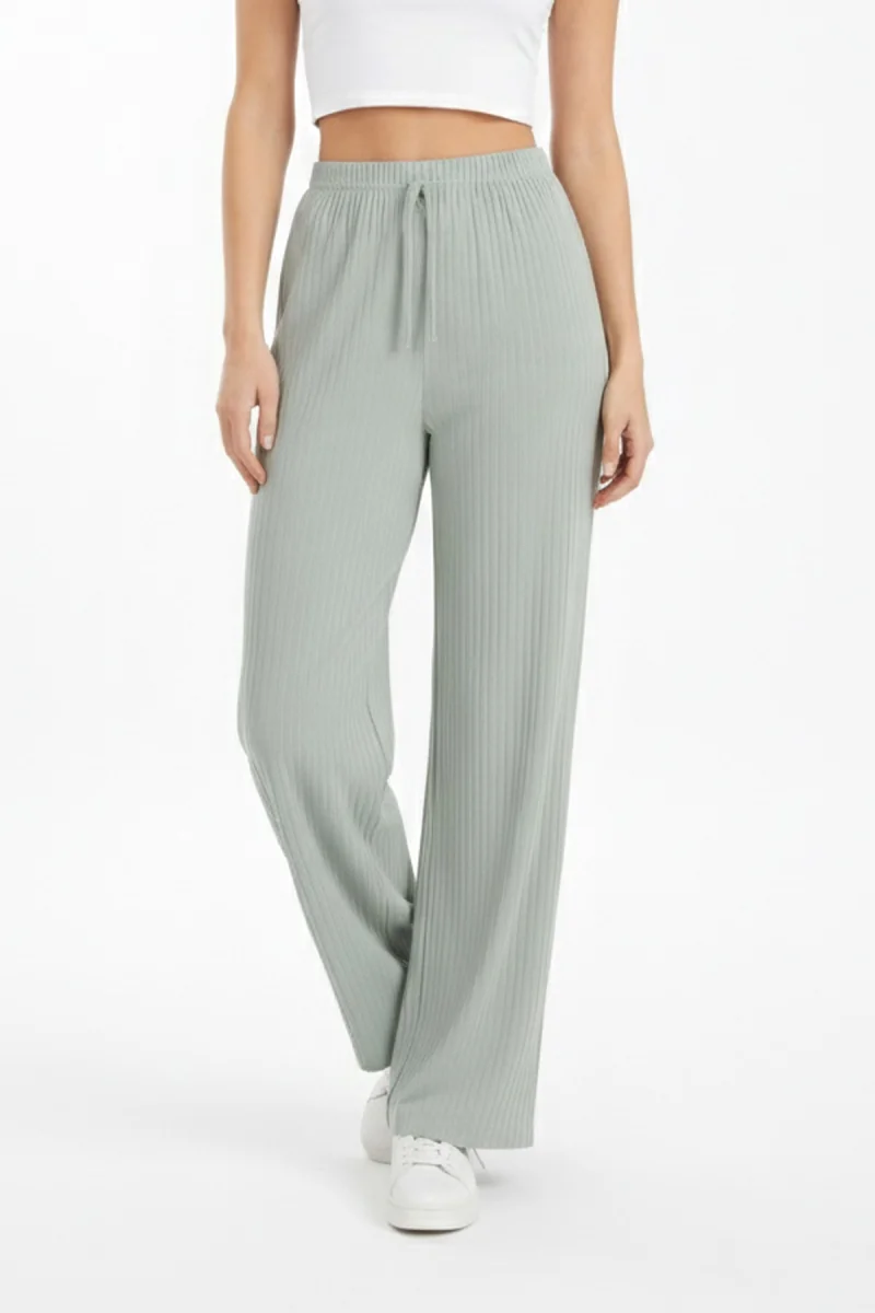 Kadın Mint Yüksek Bel Fitilli Örme Bağcıklı Esnek Likralı Geniş Paça Pantolon