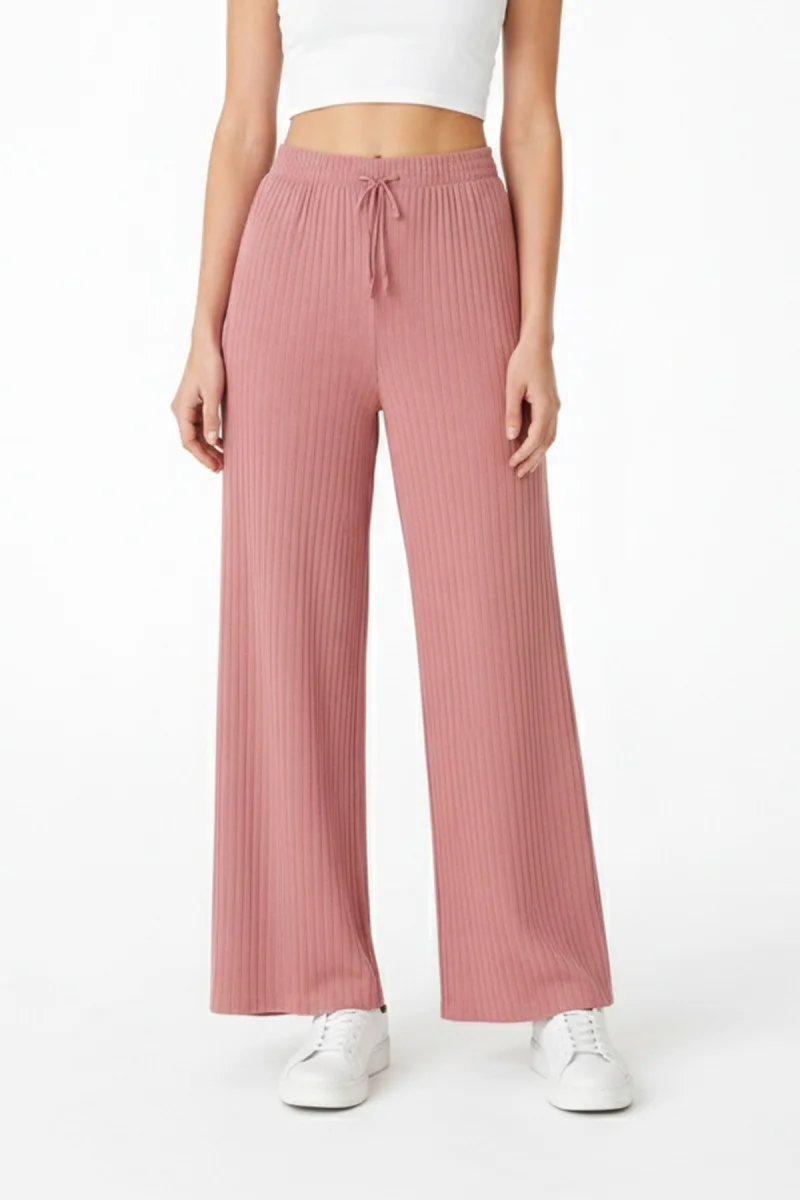 Kadın Pembe Yüksek Bel Fitilli Örme Bağcıklı Esnek Likralı Geniş Paça Pantolon