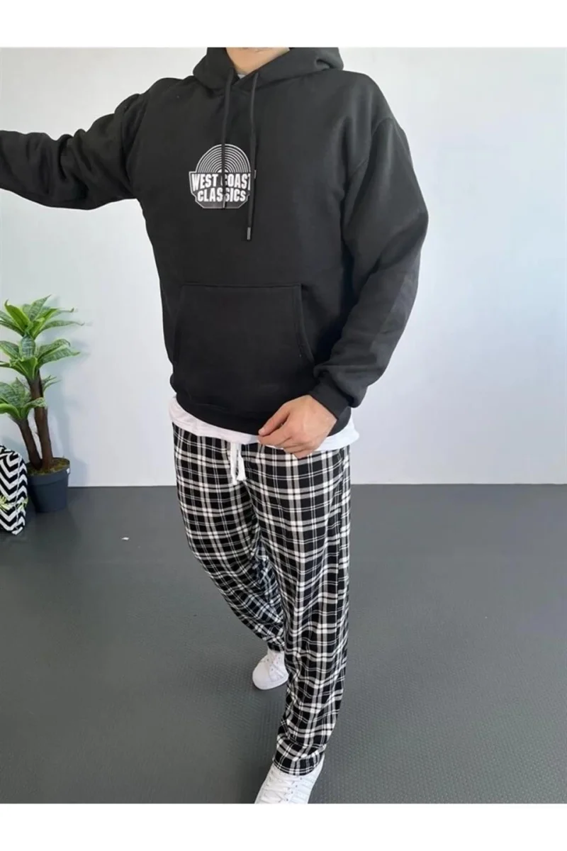 Sırt Baskılı Kapüşonlu Üç İplik Oversize Sweatshirt - Siyah -