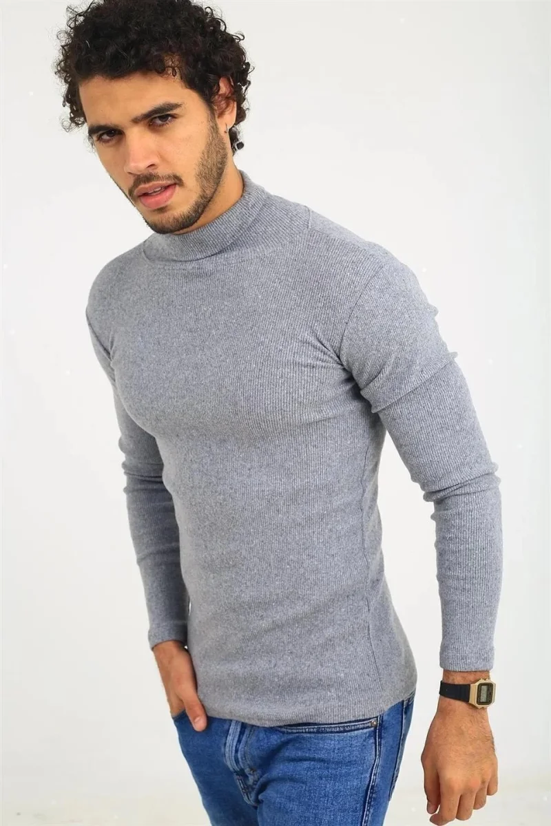 Kaşkorse Boğazlı Full Likralı Fitilli Body Kazak - Gri -