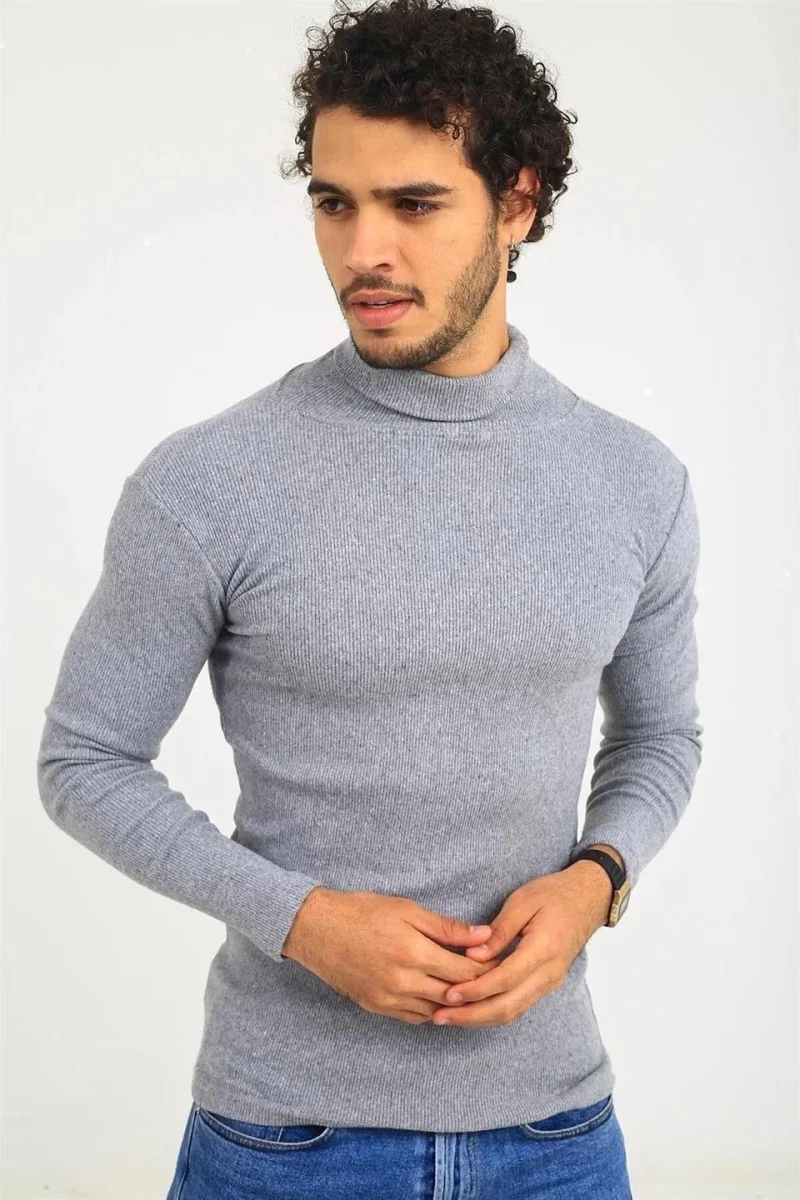 Kaşkorse Boğazlı Full Likralı Fitilli Body Kazak - Gri -