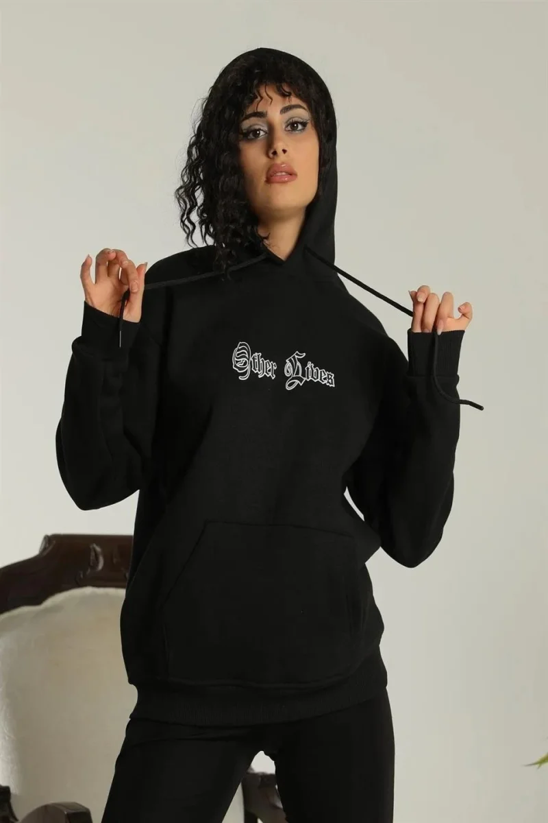 Kapşonlu Sweatshirt – Oversize “Other Lives” - Siyah -