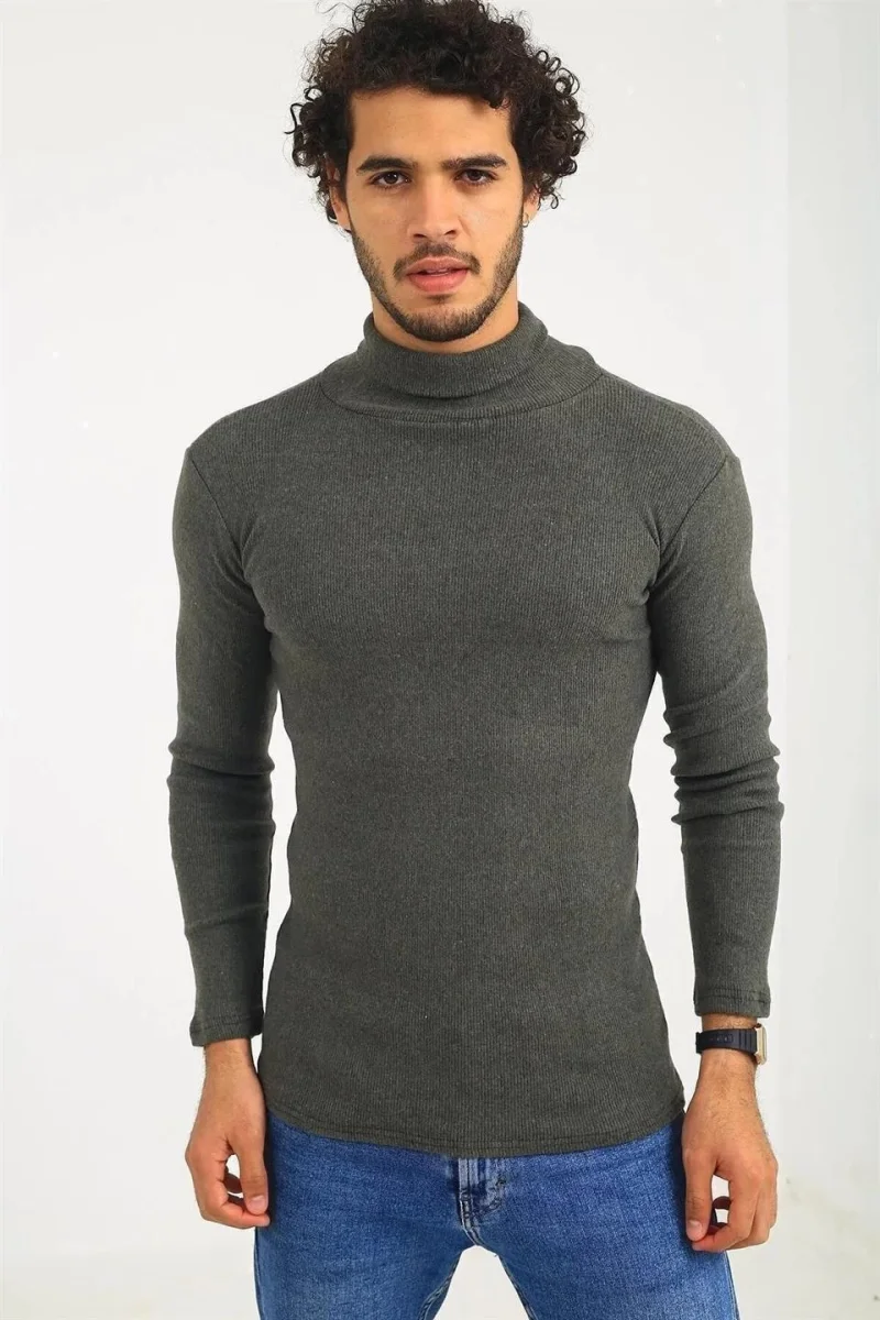 Kaşkorse Boğazlı Full Likralı Fitilli Body Kazak - Haki -