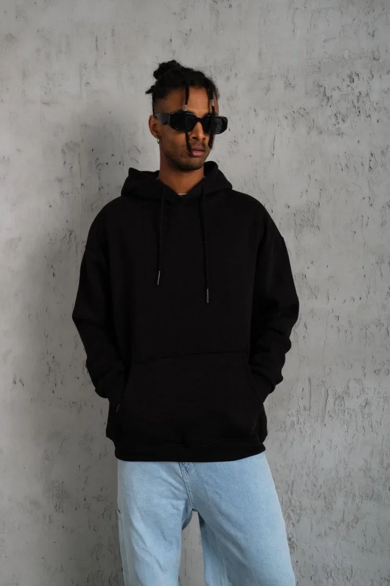 Düz Kapüşonlu Sweat - Siyah -