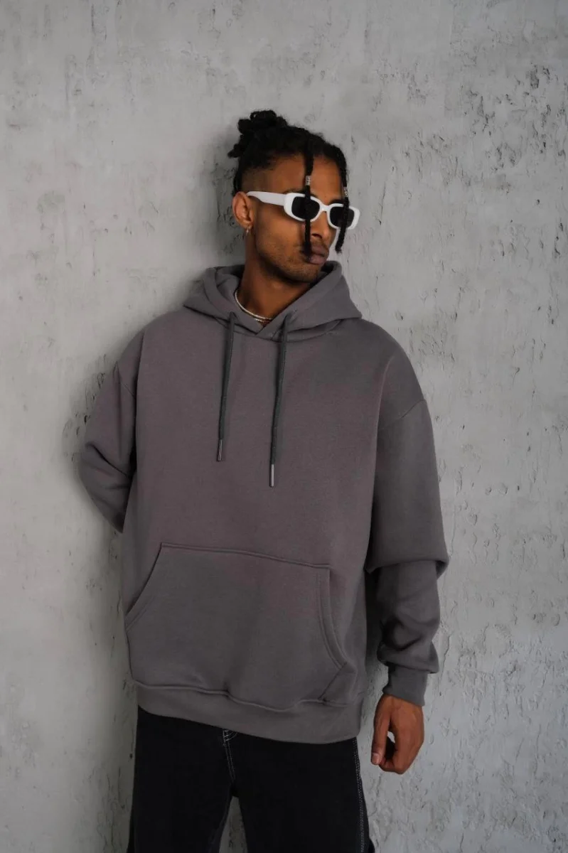 Düz Kapüşonlu Sweat - Gri -