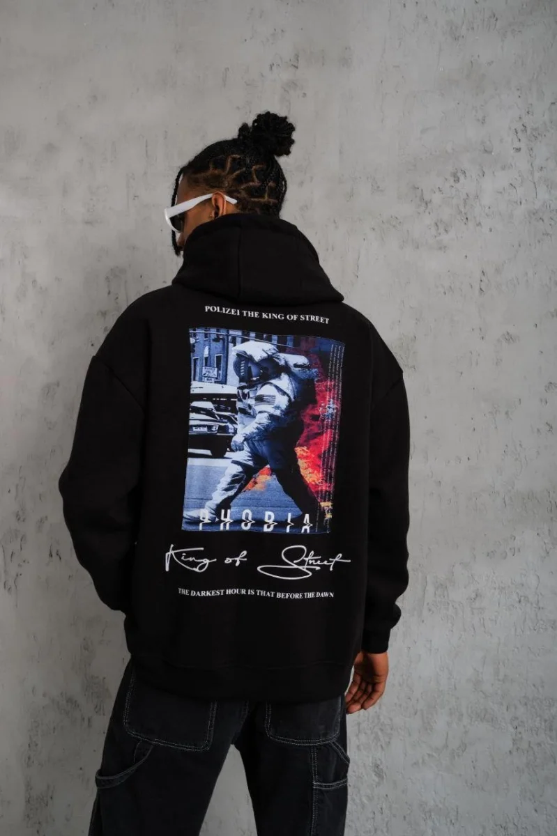 Astronot Baskılı Kapüşonlu Sweat - Siyah -